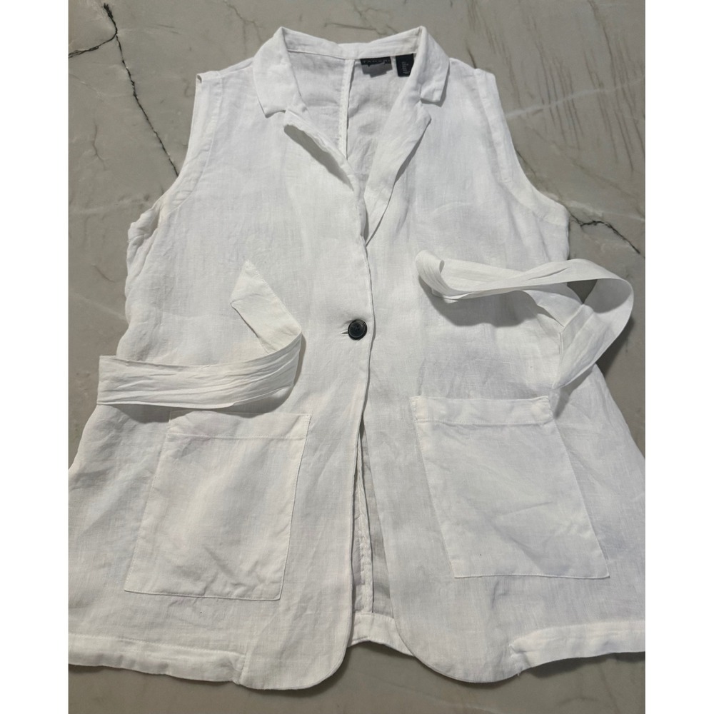 Tahari Womens White 100% Linen Sleeveless Belted Vest Jacket Size Large L